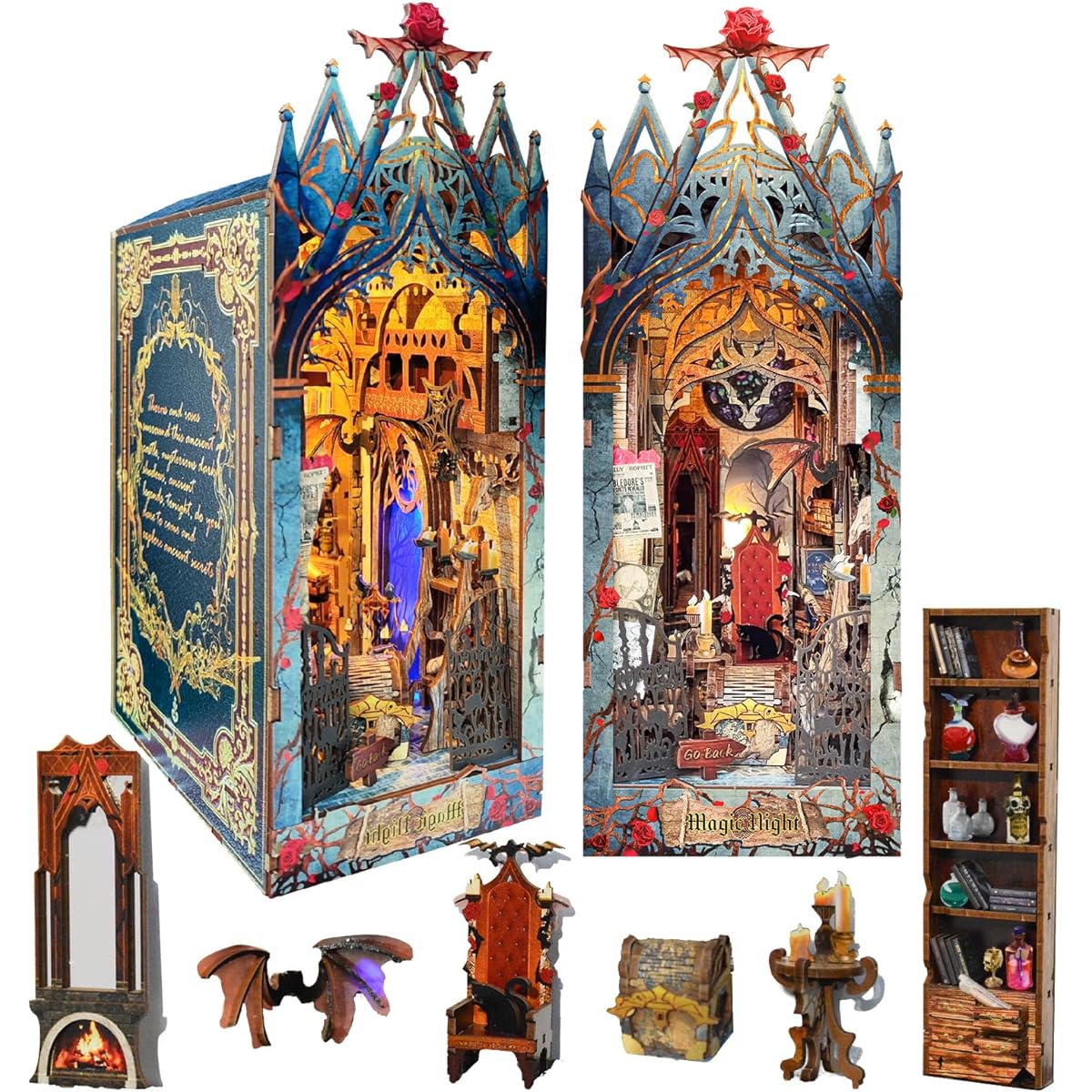 amireed Book Nook Miniature House Kit DIY Wooden Dollhouse Bookends Bookshelf Decor/Craft for Adults 3D Puzzle Building Model Kit with Sensor Light Bloody Castle