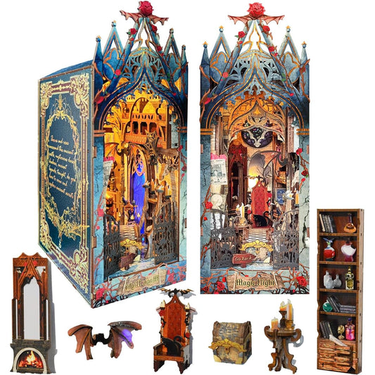 amireed Book Nook Miniature House Kit DIY Wooden Dollhouse Bookends Bookshelf Decor/Craft for Adults 3D Puzzle Building Model Kit with Sensor Light Bloody Castle
