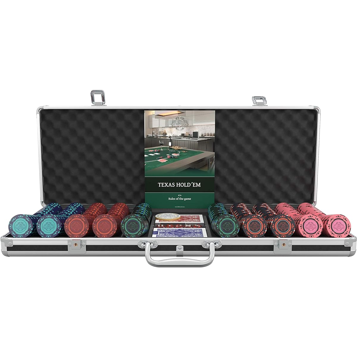Bullets Playing Cards Designer Poker Case Corrado Deluxe Poker Set with 500 Clay Poker Chips Poker Rules Manual Dealer Button and Bullet Plastic Poker Cards