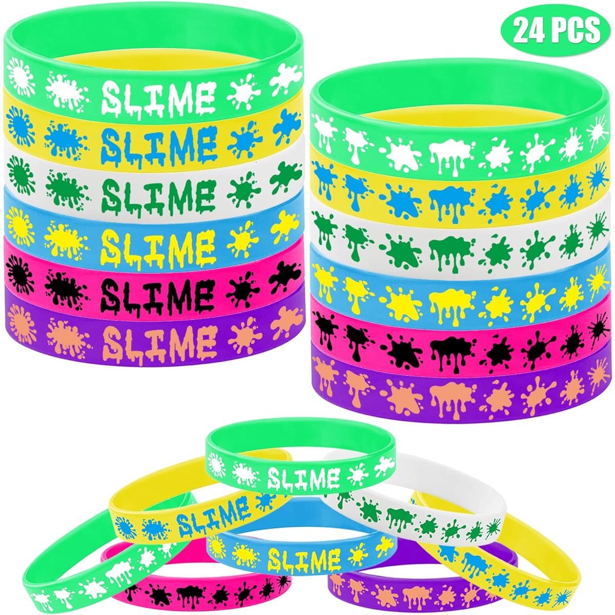 24pcs Rainbow Slime Theme Rubber Bracelet Silicone Wristband Art Painting Party Supplies Birthday Baby Shower Party Favors