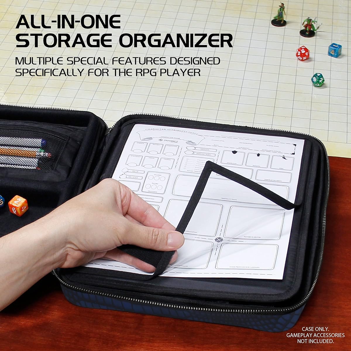 ENHANCE Collector's Edition RPG Organizer Case - DND Binder, Built-in Character Sheet Holder, Erasable Script Panel, Dice Rolling Area, Removable Pen Pouch, Miniature Foam Tray (Dragon Blue)