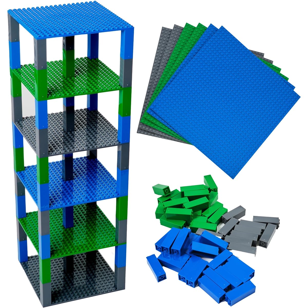 Strictly Briks Classic Base Plate 15.24x15.24cm Brick Tower products and 6 Building Bricks Base Plates & 50 Stackers for building towers, shelves and many other things, in blue, green and grey.