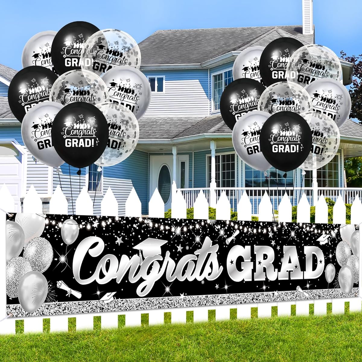 Graduation Party Decorations Black Silver Graduation Banner Balloon Set Congratulations on Your Graduation Yard Banner with 18 Balloons for Class of 2024 Party Signs Decorations College High School Party Supplies Outdoor