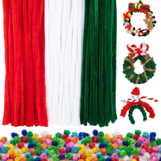 100 Pieces Pipe Cleaners Chenille Stems St. Patrick's Day Pipe Cleaners Chenille Stems Craft Chenille Stems Pom Pom Balls DIY Art Craft Decoration Supplies (Red&Green&White)