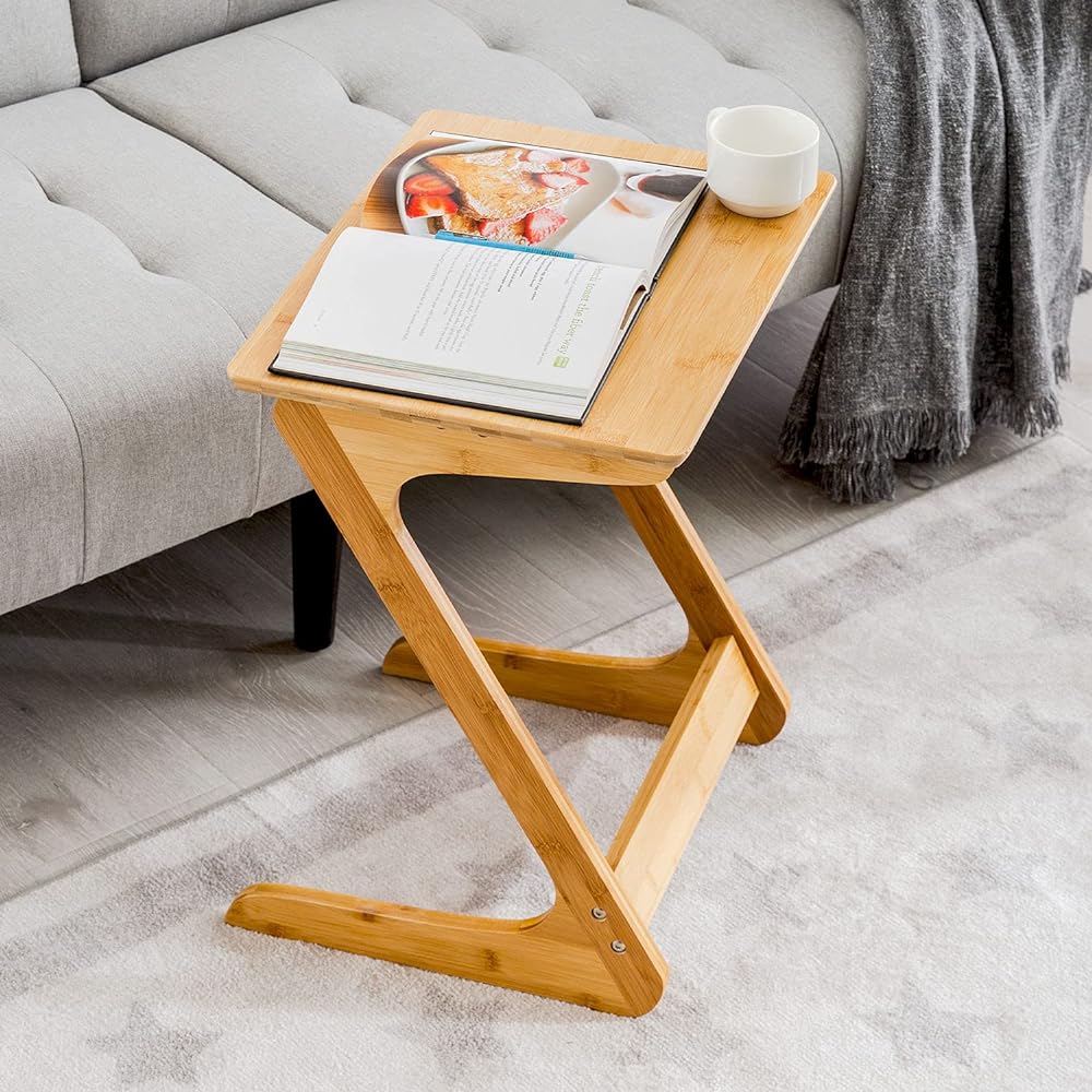 Living Room Sofa Side Table Laptop Table Bamboo Bedside Table Z-shape Easy to Use Stylish Natural Brown Log (45*35cm, Natural)