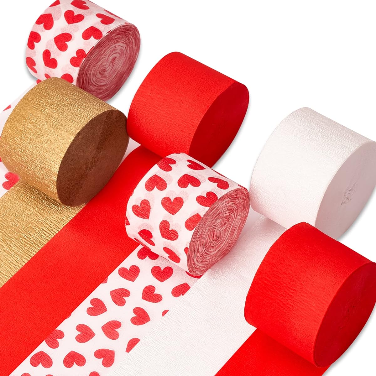 PartyWoo Crepe Paper Streamer 6 Rolls 560ft Metallic Gold Red Heart and White Crepe Paper for Birthday Decorations Party Decorations Valentine's Day Decorations (1.8" x 82ft/Roll)