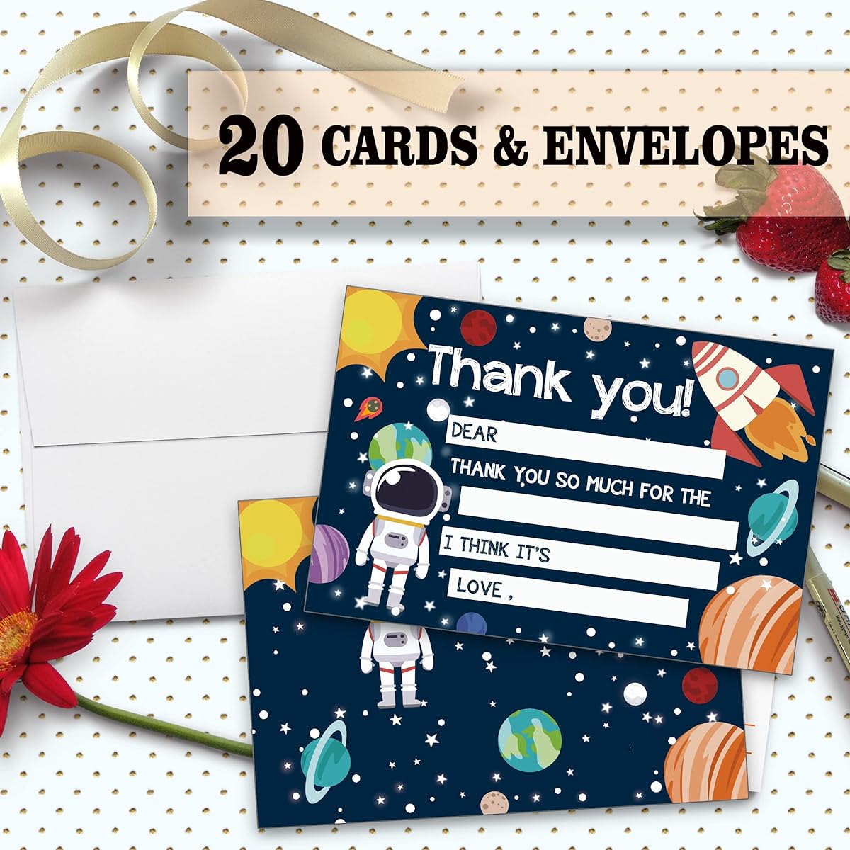 Birthday Thank You Cards, Fill in the Blank Thank You Cards, Space Themed Birthday Party Supplies Decorations, 20 Cards and 20 Envelopes (SRGXK001)