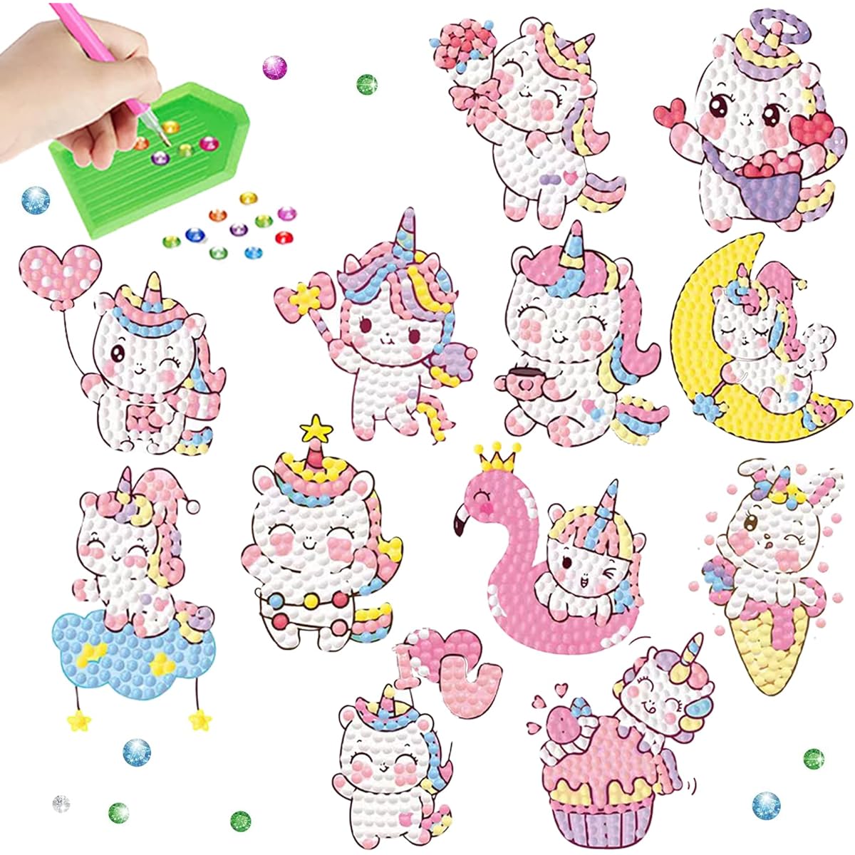 MaoMaoCha Diamond Painting Stickers Kits for Kids, 12pcs 5D DIY Arts & Crafts for Kids Diamond Art Gemstone by Number Kit Mosaic Stickers for Kids and Adults Beginners (Unicorn)