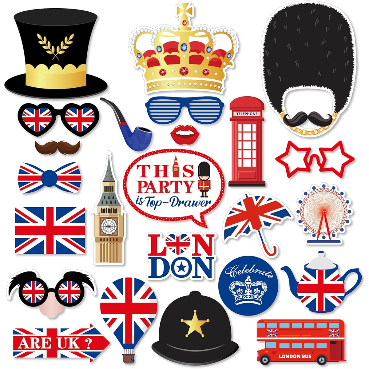 CC HOME 25 Pieces British Pattern Photo Booth Props British National Day Pattern Party Decorations Party Favors British Party Essentials