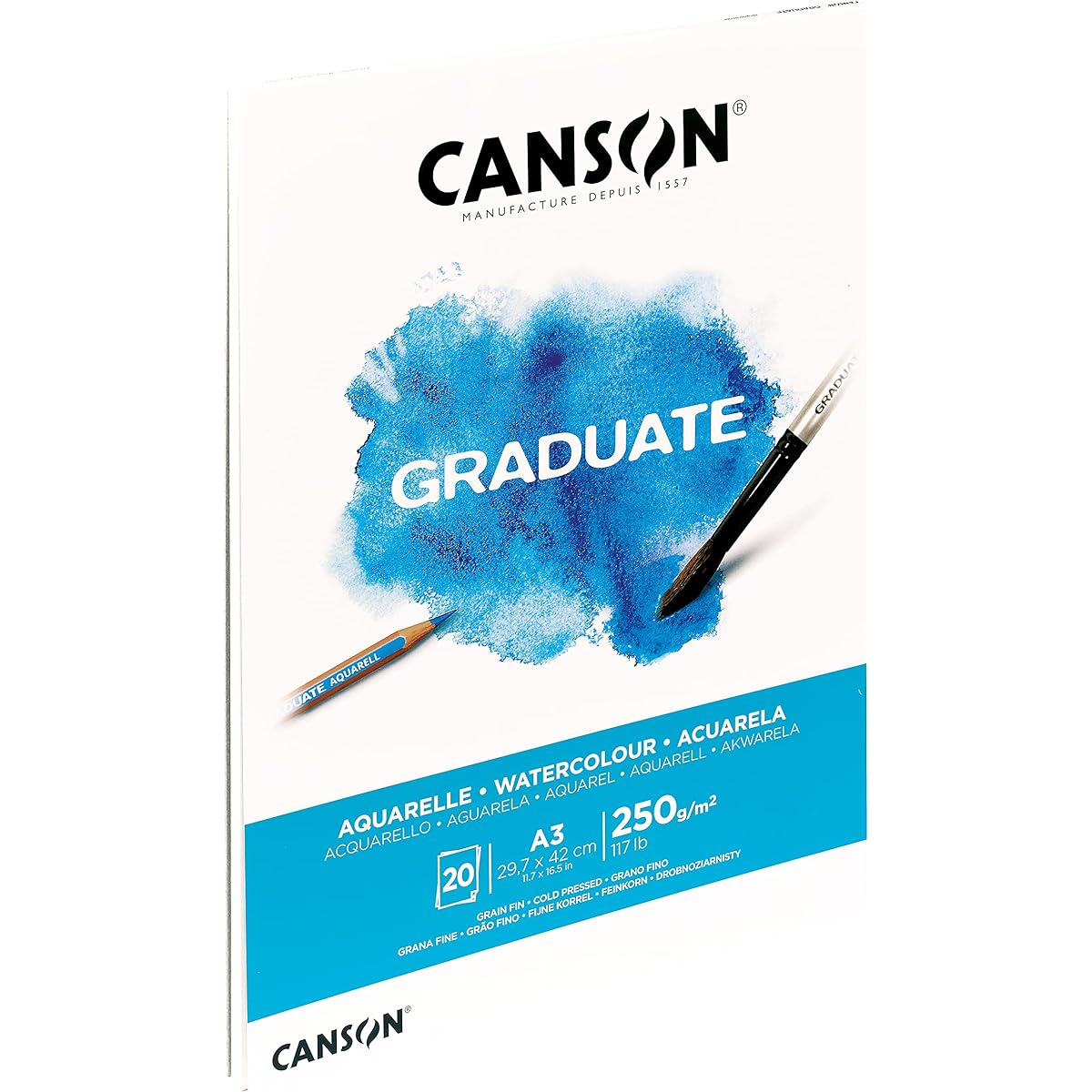 CANSON Graduate Watercolour 250gsm A3 Paper Cold Pressed Pad Glued Short Side Natural White Sheets 20 Pieces Ideal for Student Artists