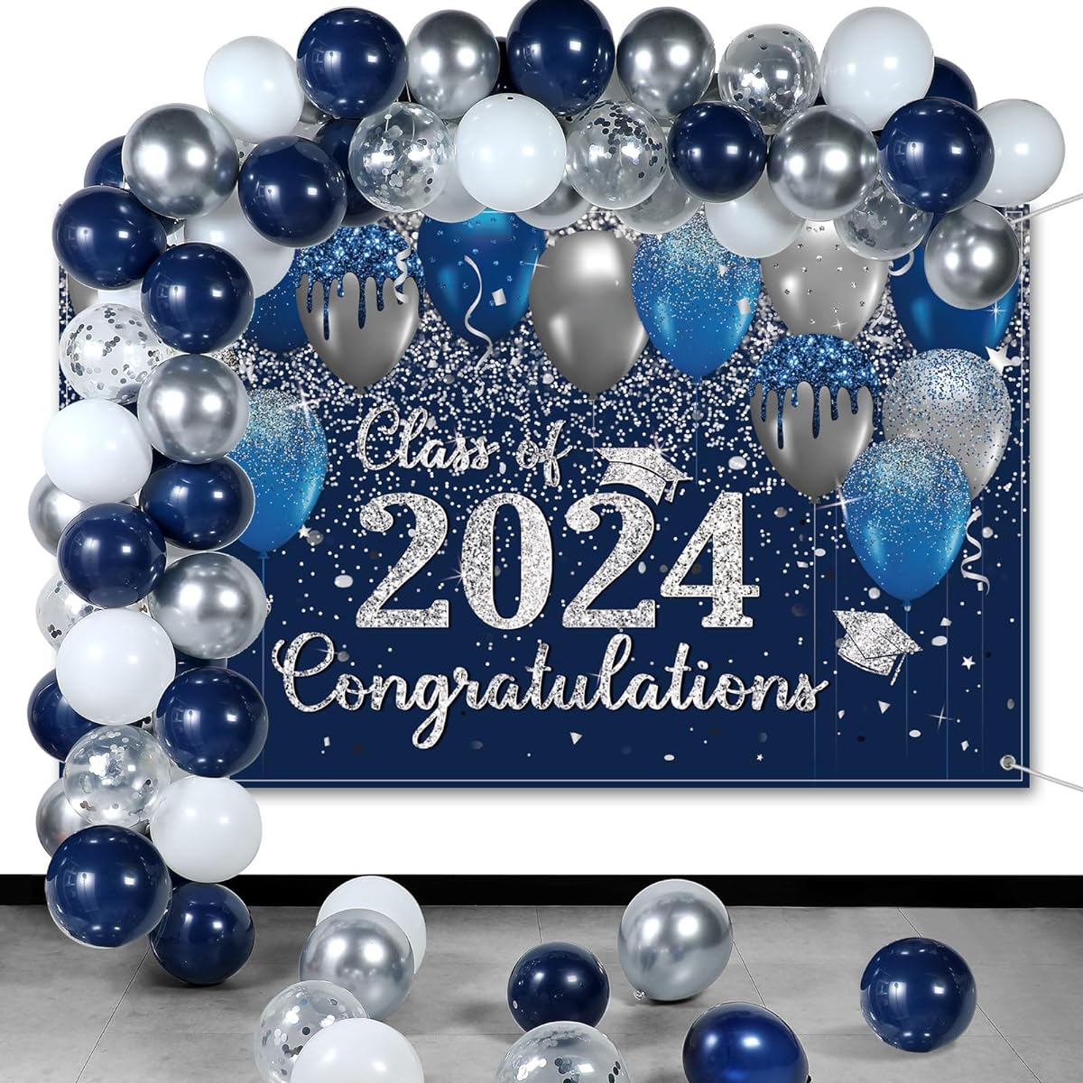 Graduation Backdrop Decorations Set, 2023 Graduation Photo Backdrop Latex Balloons Graduation Celebration Grad Backdrop Banner Graduation Theme Party Photo Booth Props Decorations (Blue and Silver)