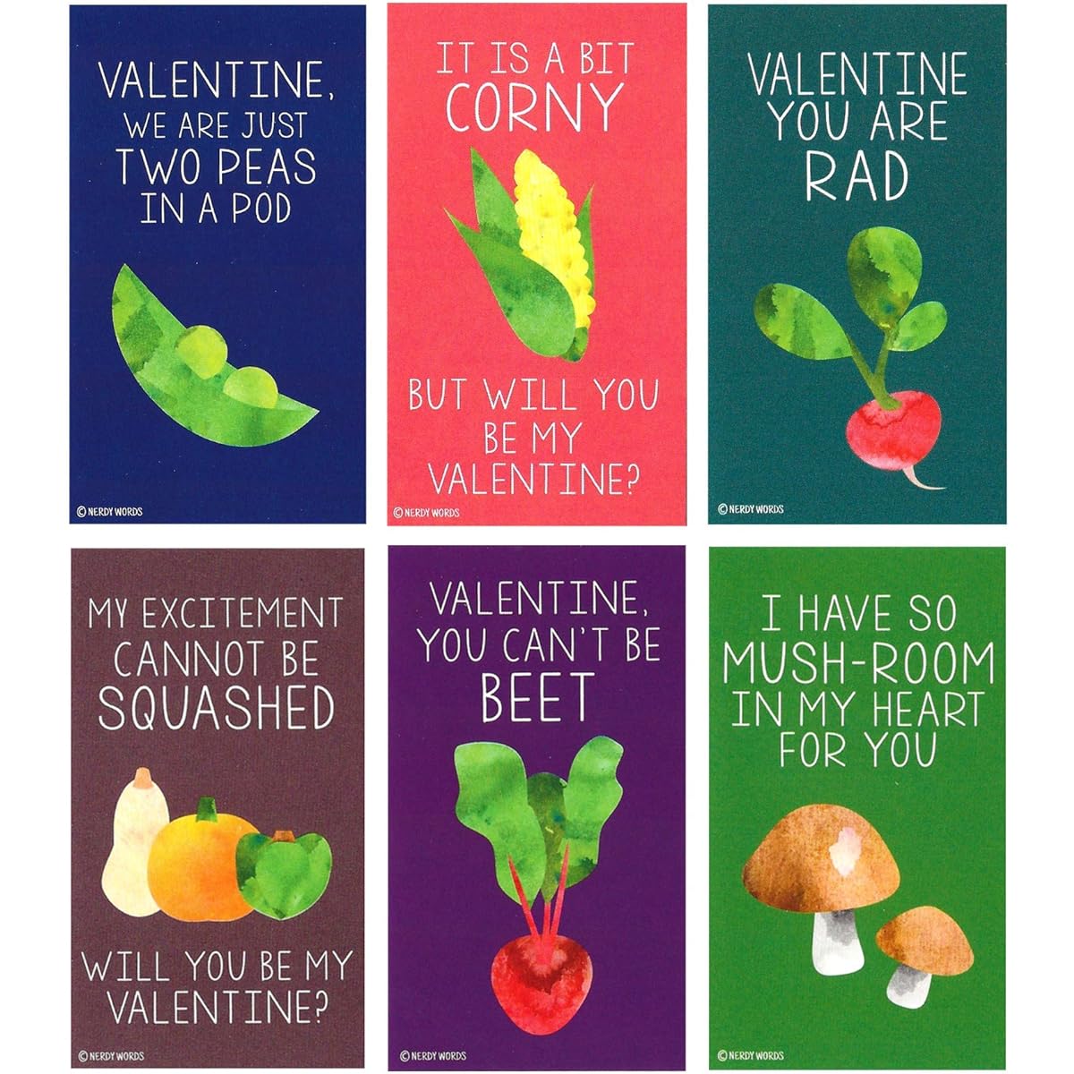 Nerdy Words Mini Vegetable Valentine (Wallet Size Card with Small Envelope) Valentine's Day (Set of 36)