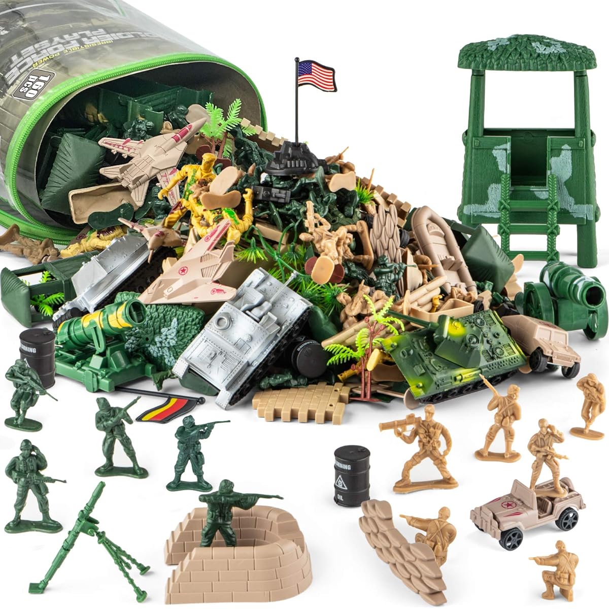Divwa Army Men's Toys for Boys 8-12 Military Toys Soldiers Army Base Set of 160 WWII Khaki Green Plastic Army Men Accessories with Handbag