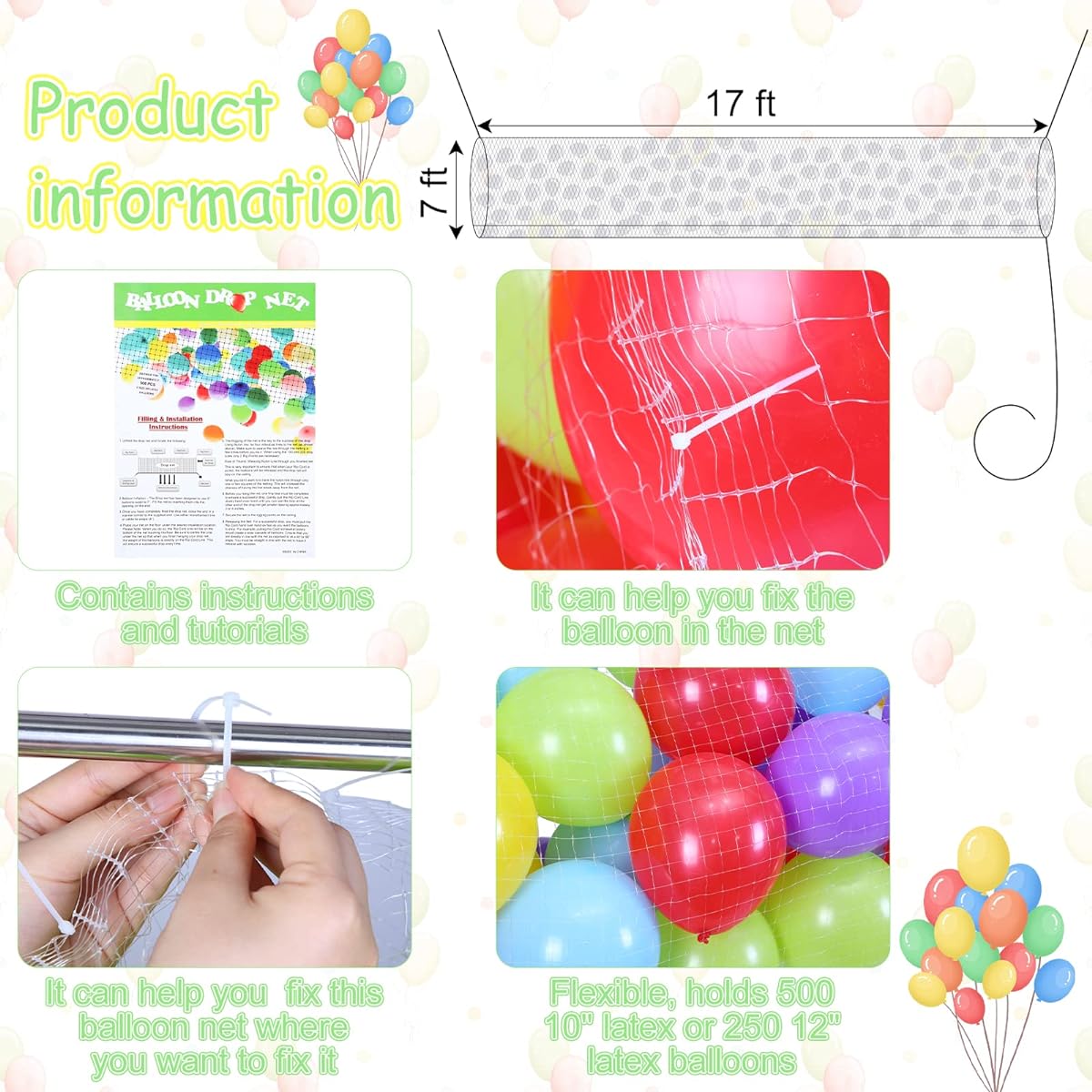 Balloon Drop Net, Reusable Ceiling Release Balloon Net for Birthday, New Year, Celebration, Graduation Party Supplies, White