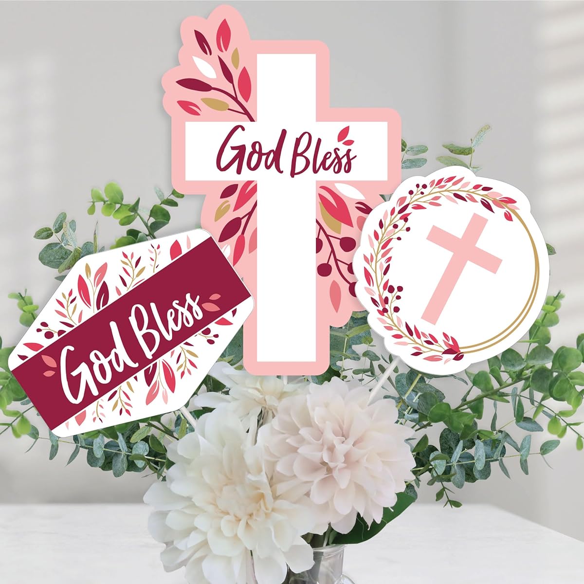 Pink Elegant Cross - Girls Religious Party Centerpiece Sticks - Table Toppers - Set of 15
