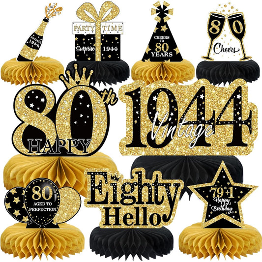 9pcs 80th Birthday Decorations Honeycomb Centerpieces for Men Women Black Gold Happy 80th Birthday Centerpieces Table Toppers Party Decoration Supplies Vintage 1943 Birthday Table Signs Decor