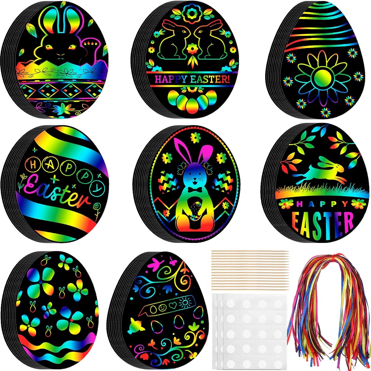 Motionchic 120 Easter Egg Scratch Cards - Rainbow Easter Scratch Paper Crafts for Kids - DIY Easter Ornaments with Wooden Sticks and Ribbons for Classroom, Easter Art Projects, Baskets, Party Favors