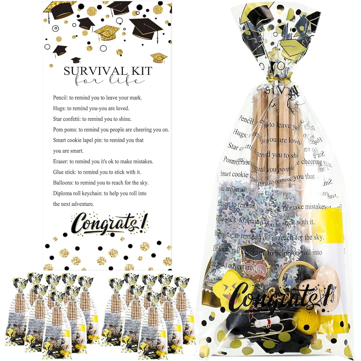 Tatuo 25 Sets Survival Kit Lifetime Graduation Gifts Bulk Class of 2024 Congratulations Preschool Grad Graduation Lapel Pins Heart Tokens Essentials Bags for Middle School High School College Kids Classroom Party Favors