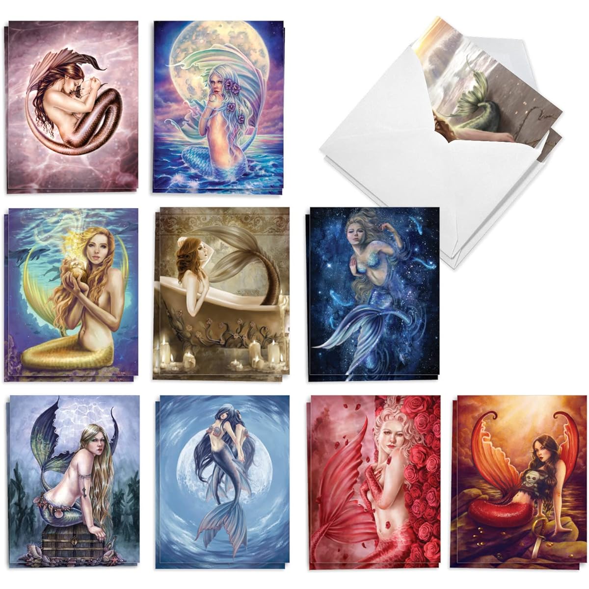 The Best Card Company 20 Assorted Blank All Occasion Note Cards Box Set 4 x 5.12 Inch with Envelopes (10 Designs, 2 of Each) Mermaid AM10205OCB-B2x10