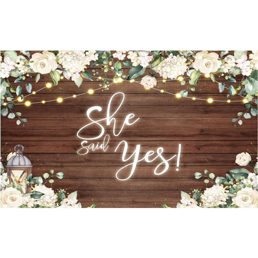 Allenjoy Bridal Shower Floral Wood Backdrop She Said Yes Party Banner White Flower Decoration Wedding Photography Background Bride Photo Props
