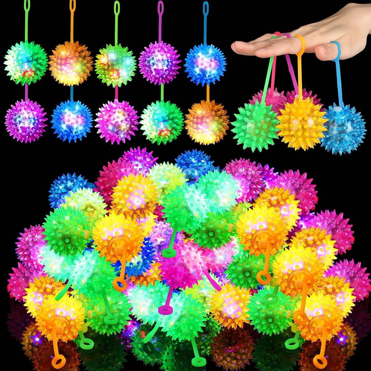 200pcs Bulk Light Up LED Balls Spiky Bouncy Balls Flashing Squeaky Balls Blinking Sensory Toys Multicolor Puffer Balls Stress Relief Balls Rubber Toys for Teens/Adults