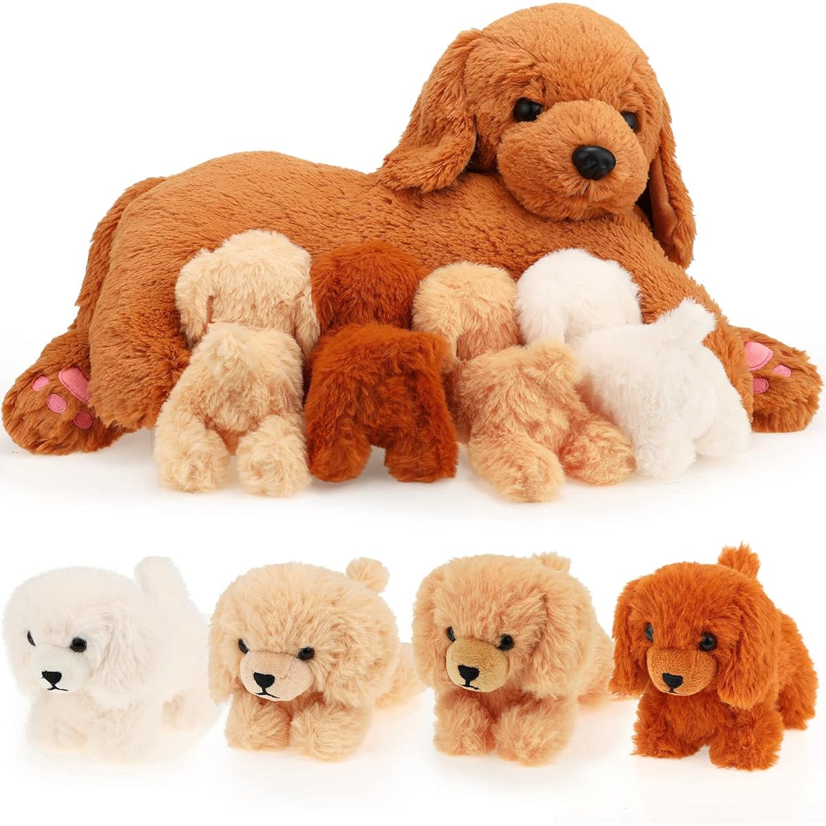 HyDren Nurturing Dog Stuffed Animal Set - Soft Cuddly Golden Retriever Plush Toy Nursing Mommy Dog with 4 Babies for Kids Birthday Graduation Party Favors Gift (Golden Retriever)