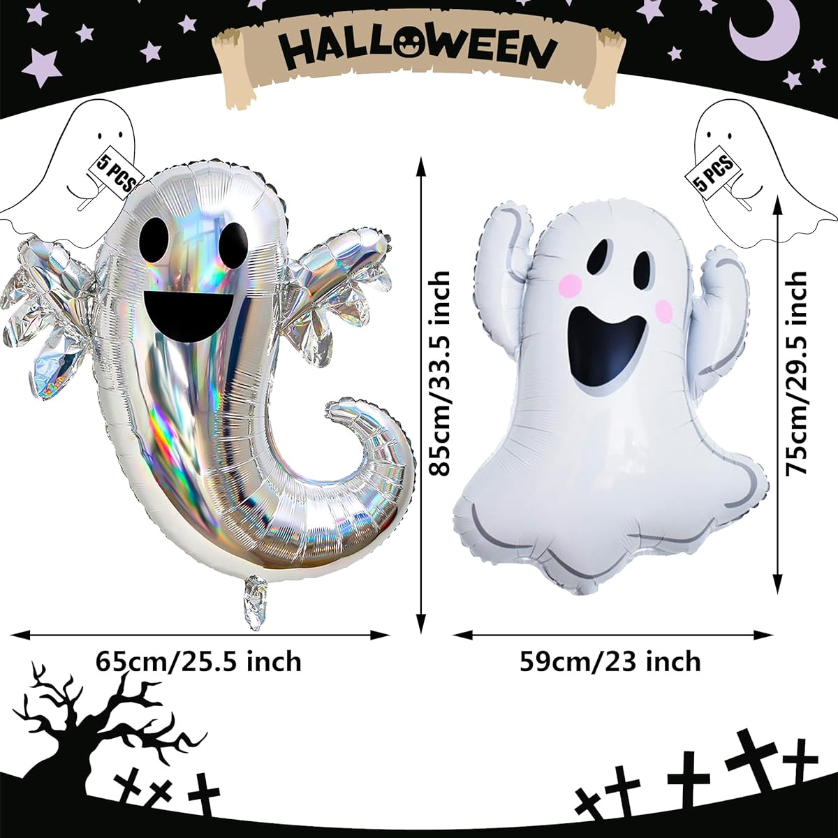 10pcs Halloween Ghost Foil Balloons, Halloween Party Mylar Balloons, Spooky White Ghost Balloons for Halloween Baby Shower Birthday Party Decorations