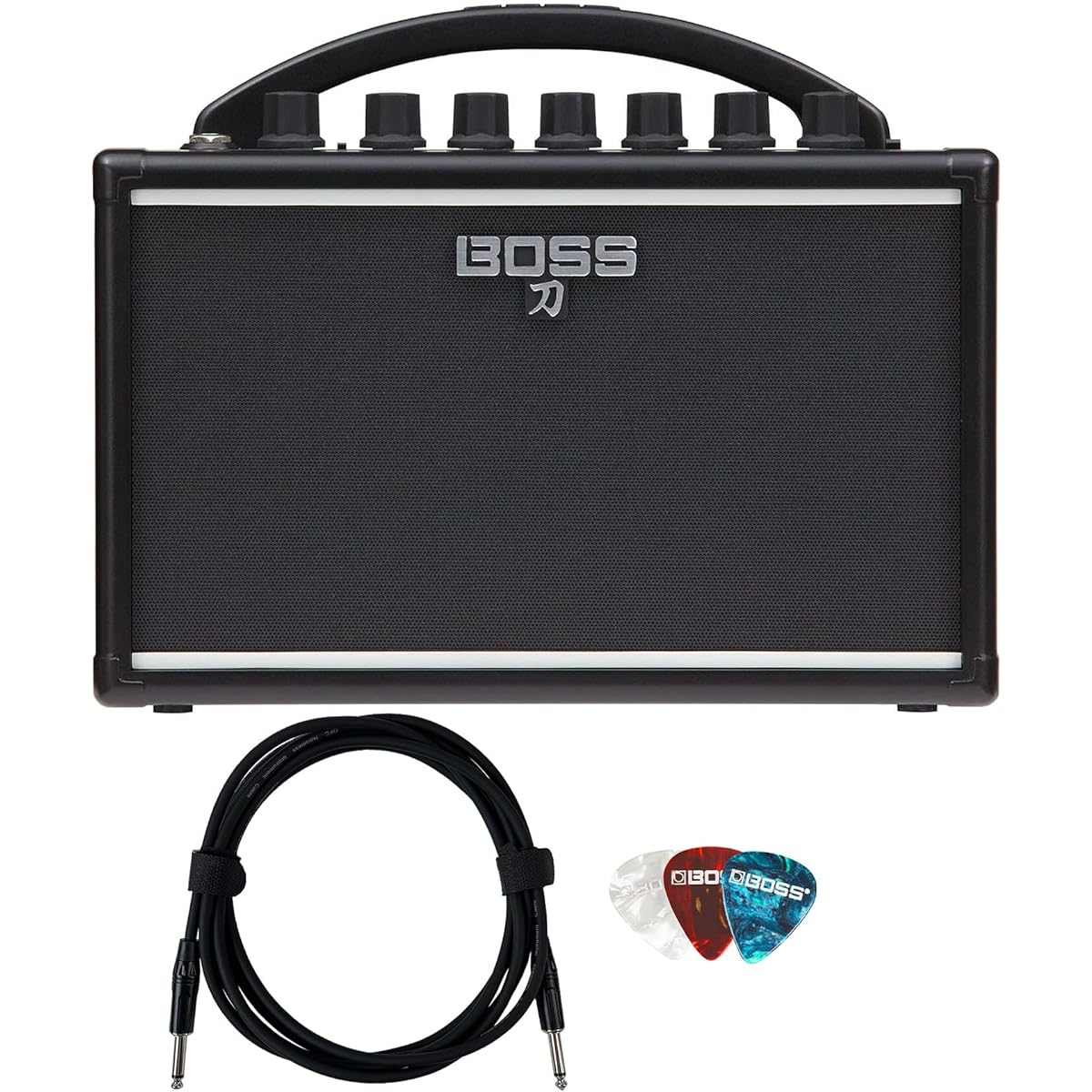 Boss Katana Mini Guitar Combo Amp Bundle with Roland Instrument Cable and 24-Pack Picks