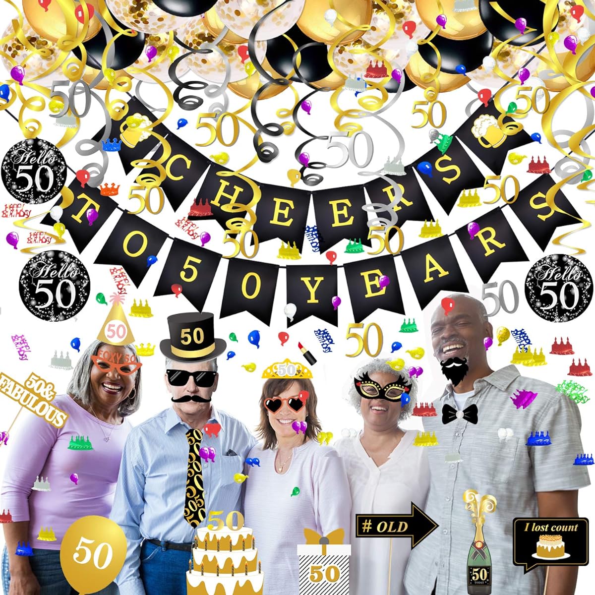 Konsait 50th Birthday Decorations Kit, 50th Celebration Banner, Birthday Balloons, Hanging Swirls, Birthday Photo Booth, Birthday Table Confetti for Boyfriend Men Women Birthday Party Decorations Favors