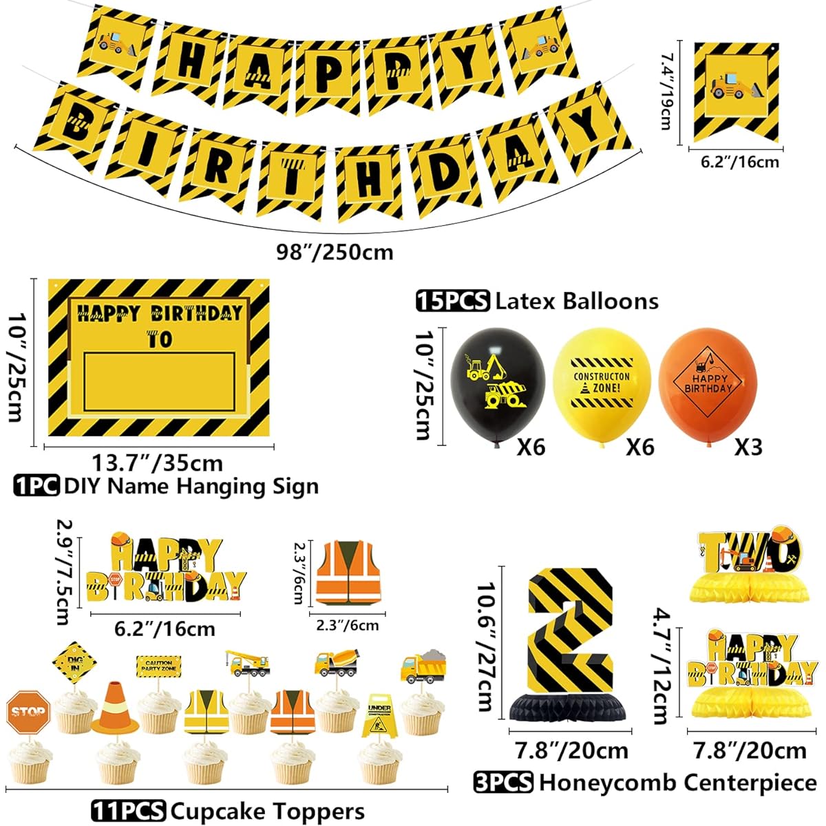 Construction Birthday Party Supplies for Kids 2nd Birthday Party Dump Truck Balloons Happy Birthday Banner Number 2 Balloons Cupcake Toppers for Boys Birthday Decorations Pack of 40