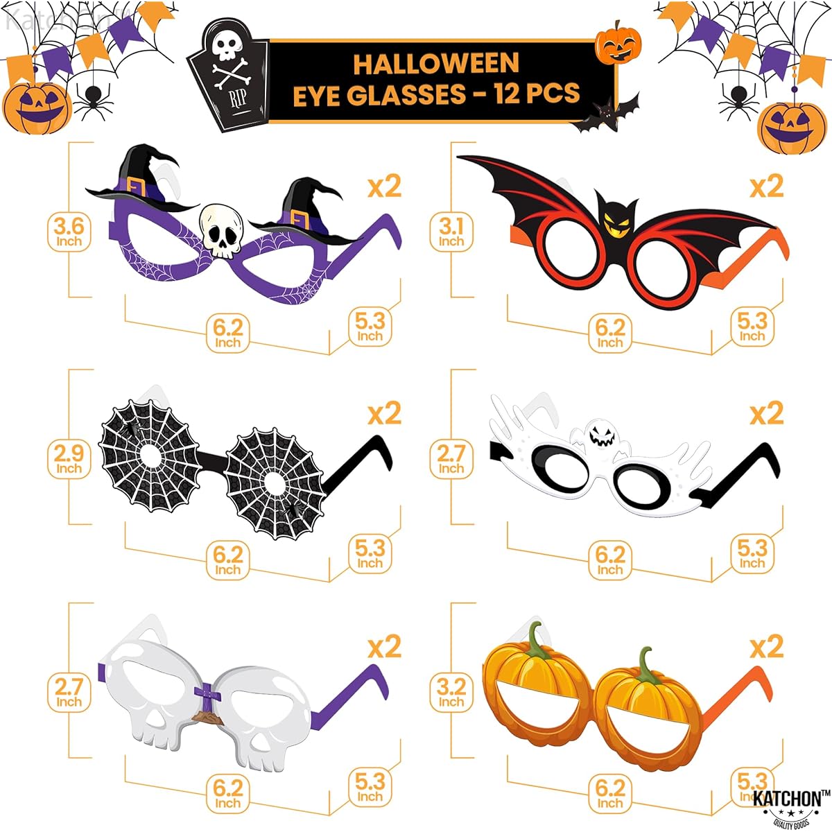 KatchOn Scary Halloween Glasses - 12 Pack, No DIY Required | Halloween Photo Booth Props, Pumpkin Halloween Glasses for Kids | Halloween Party Glasses for Halloween Decorations | Halloween Selfie Props