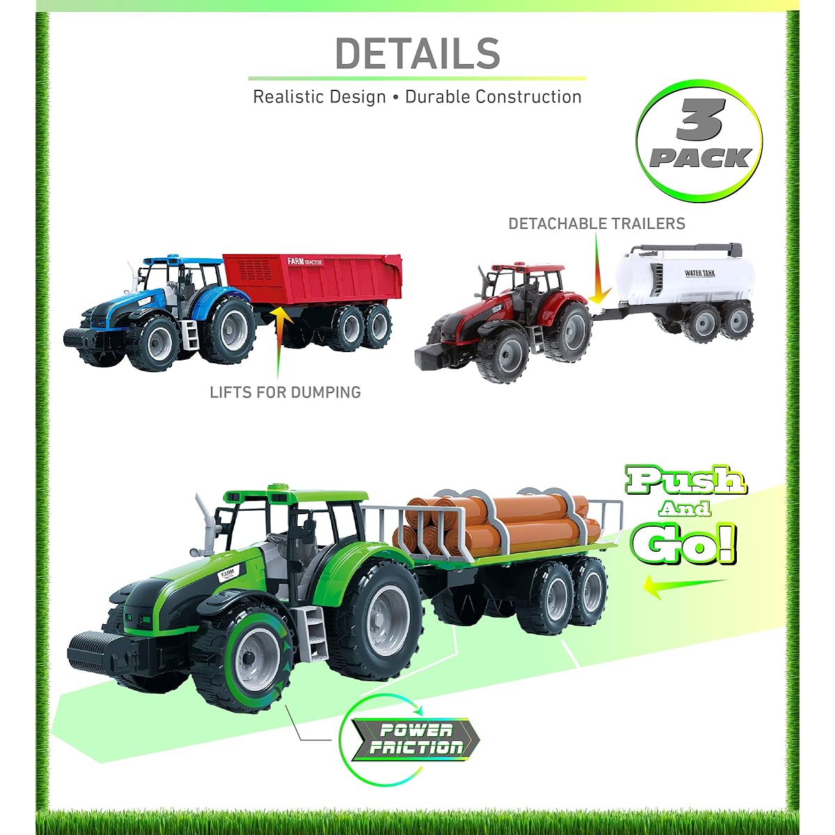 Mozlly Friction Farm Tractor Truck - 16" Tractor Trailer Toy - Farm Tractor, Toy Log Truck Farm Toy Set with Water Tank and Toy Log Truck, Push and Go Farming Toy Playset for Boys and Girls (Set of 3)
