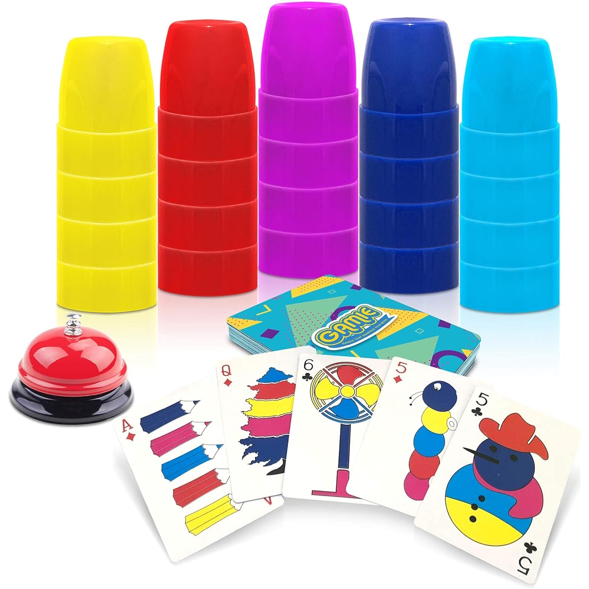 Gamie Stacking Cups Game with 54 Challenges, 20 Stacking Cups, Bell and Instruction Sheet Educational Colour and Shape Matching Game Classic Quick Stacks Set for Boys, Girls, Teens, Adults