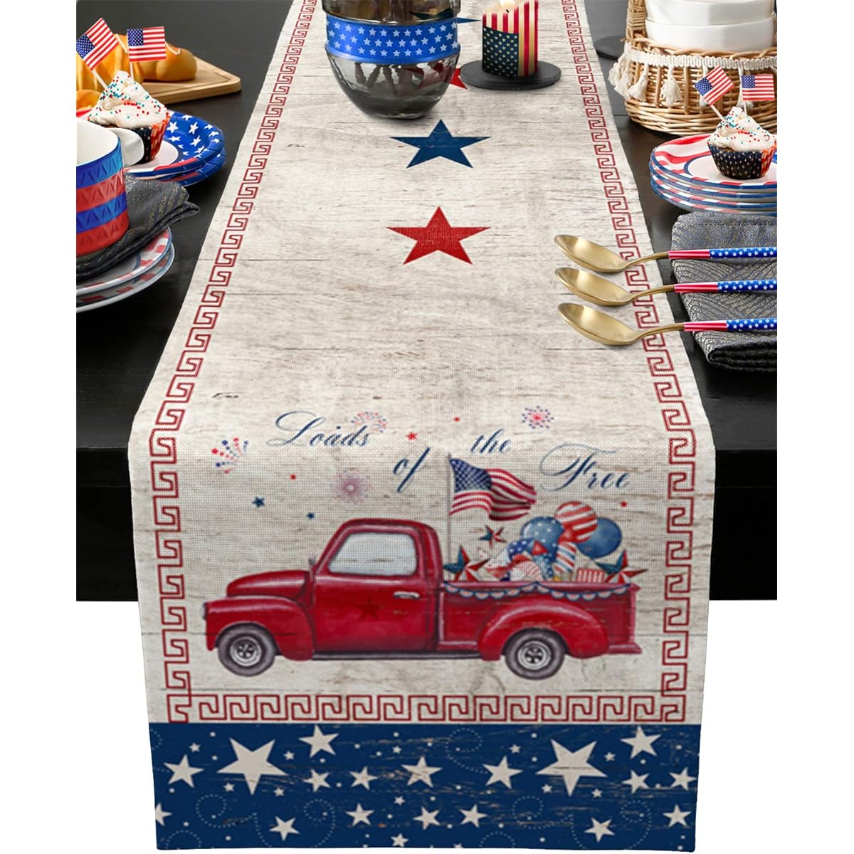 Linen Cotton Table Runner Dresser Scarf Rustic Farm Truck Bunny Tail with Easter Eggs Wood Board Tablecloth Farmhouse Kitchen Dining Wedding Picnic Party 13 x 70 Inch Retro Green Stripes