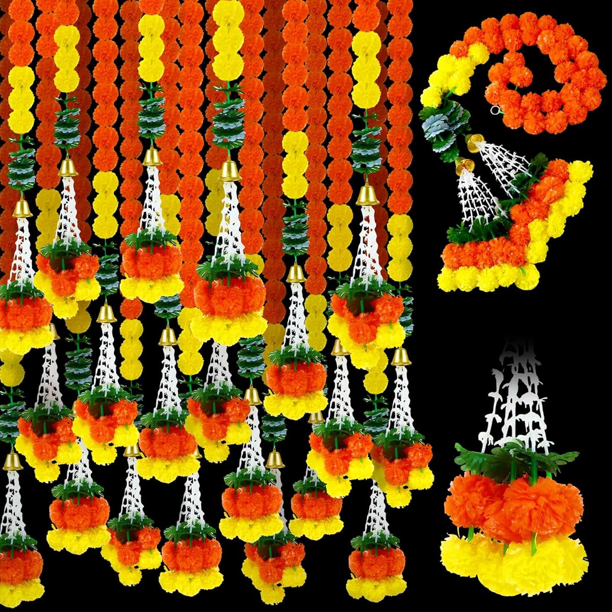 Lyrow Marigold Garland 5ft Length 10 Pack Artificial Marigold Flowers Fake Flower Garland Decoration Indian Wedding Decoration Flower Garland for Puja Diwali Christmas Event Diwali Light Orange