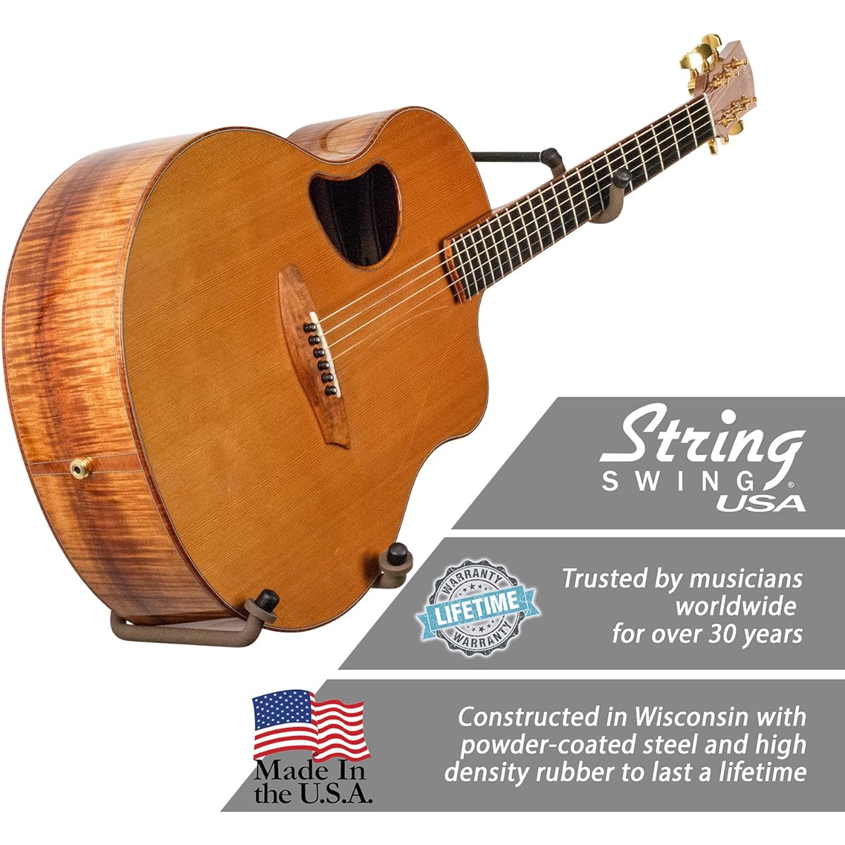 String Swing Guitar Holder Thin Wide Body for Horizontal Flat Wall Mount - 1 Piece Unit CC151-LPW-FW