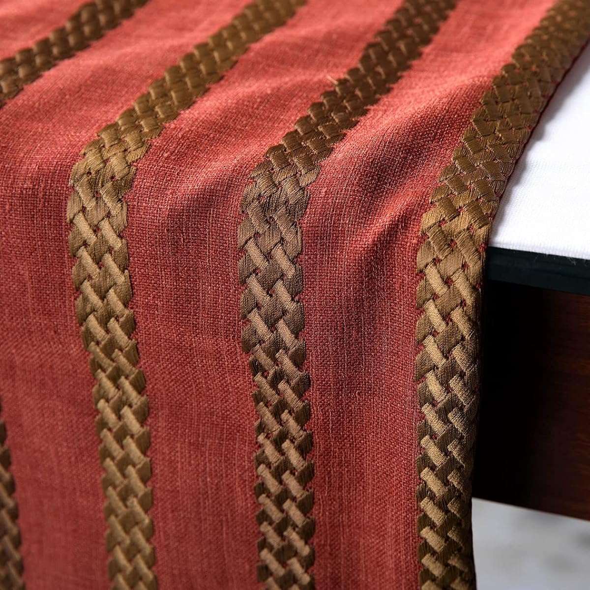 Linen Table Runner, Sabi Linen Fabric with Embroidery and Tassels Red Linen 35 x 180 cm, Wedding Decoration Table Linen Modern Table Runner - Sumac Stripe