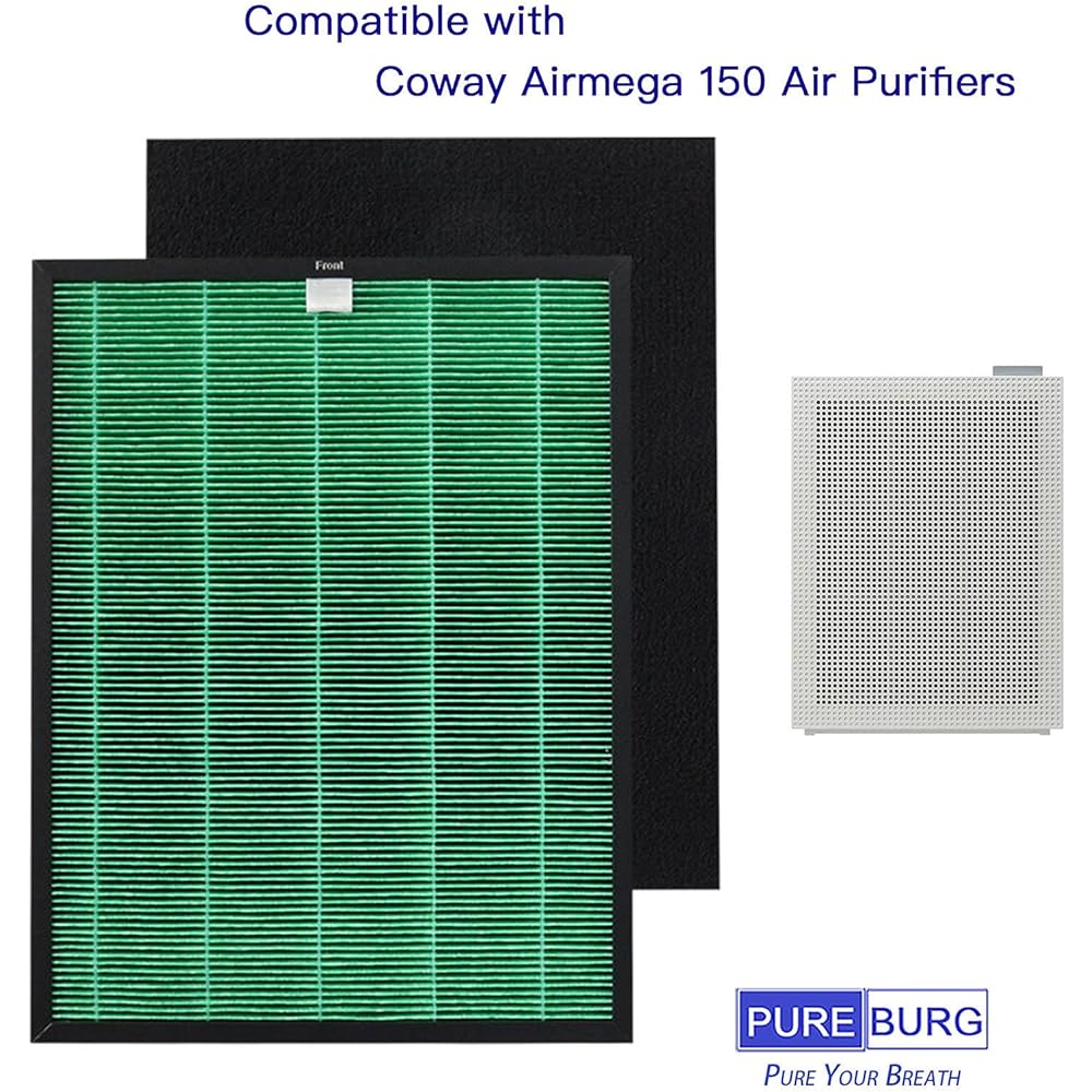 PUREBURG FAS-10MA Replacement MAX2 Green Filter Compatible with Coway Airmega 150 (AP-1019C) Air Purifier Part Number FAS-10MA, True HEPA filter and activated carbon deodorizing filter integrated (Set of 2)