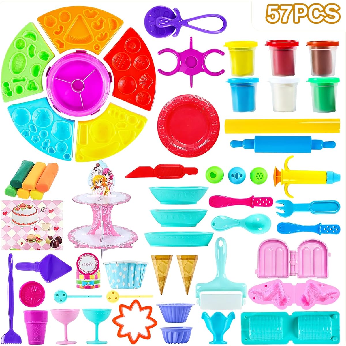 Play Dough Toys Set 57pcs DIY Color Dough Kitchen Toy Kit Kids Cooking Maker for Ages 3 4 5 6 7 8 Girls Boys Kids Christmas Birthday Gifts