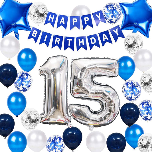 15th Birthday Party Decorations for Boys Happy Birthday Banner Blue Number 15 Birthday Balloons 15th Birthday Latex Confetti Balloons for Boy/Him/Son 15th Birthday Decorations Supplies (15 Years Old)