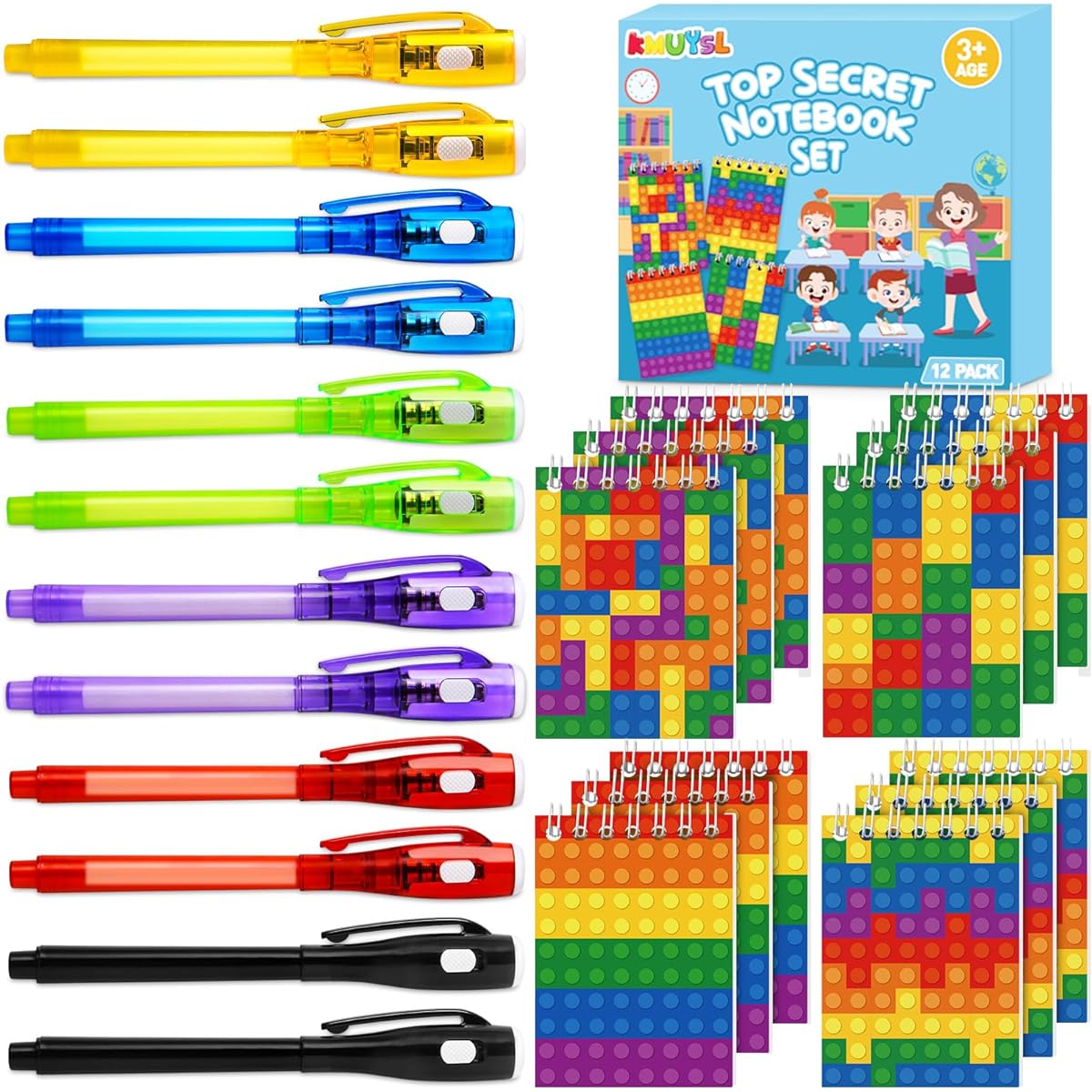 KMUYSL Invisible Ink Pen with UV Light Mini Construction Notebook Set Party Favors for Kids 8-12 (Pack of 12)