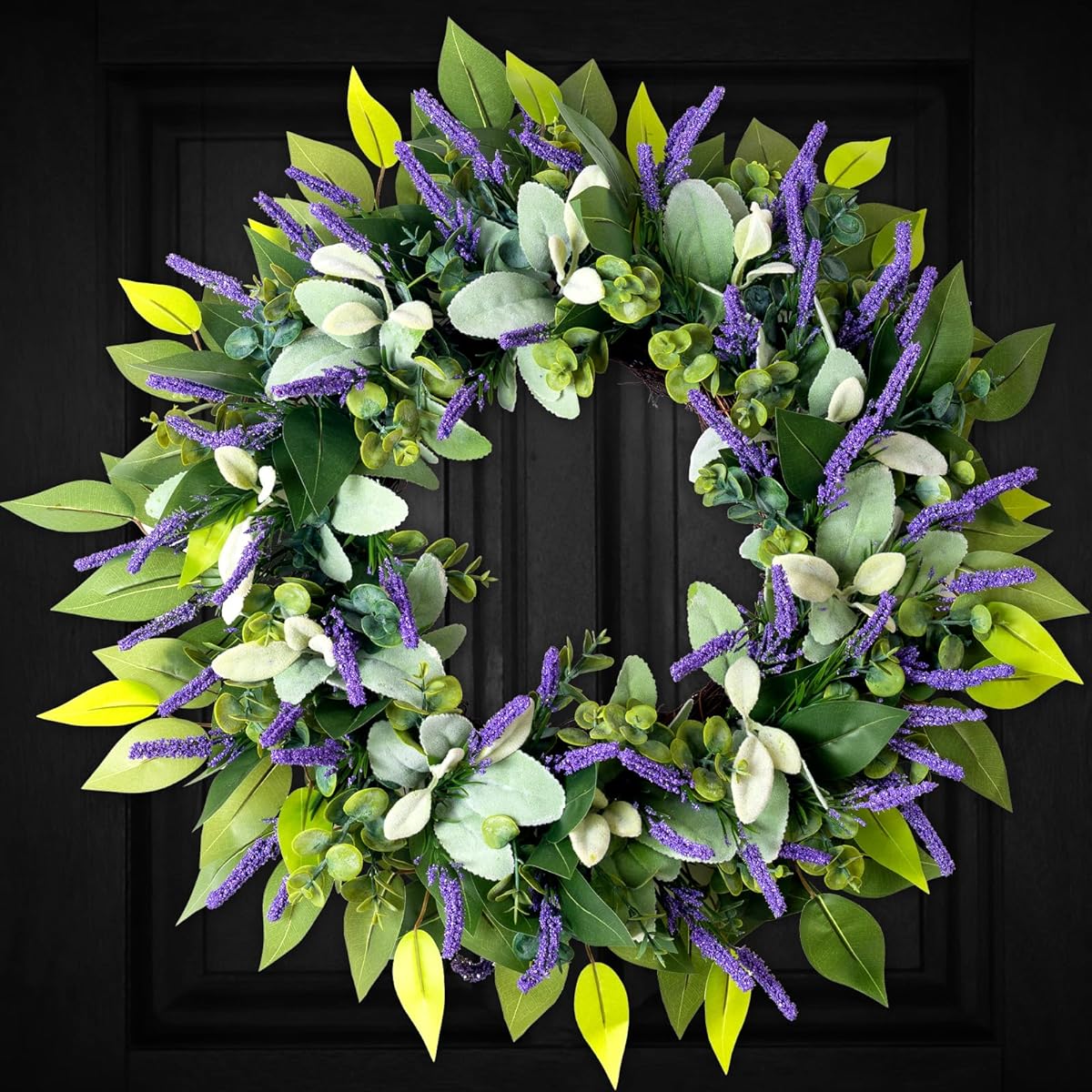 Soosubel Lavender Wreath for Front Door All Year Round 20 Inch Artificial Eucalyptus Front Door Wreath All Season Spring Summer Green Lambs Ear Wreath Porch Decor