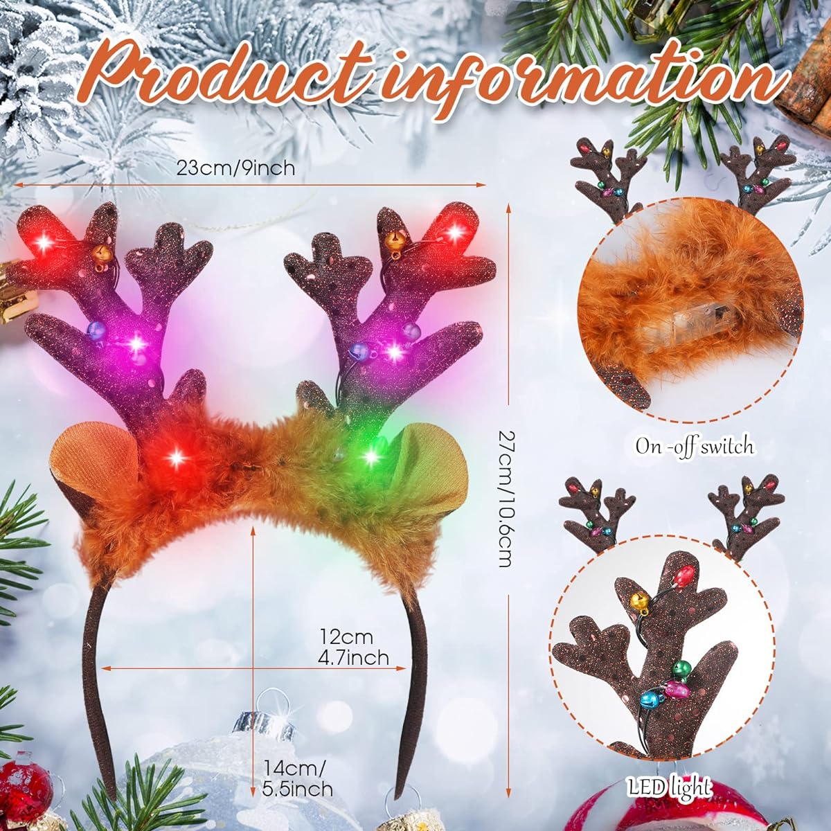 Light Up Christmas Reindeer Headband LED Reindeer Antlers Headband Bell Deer Ear Headband Christmas Supplies Holiday Party Favors 9 Pieces