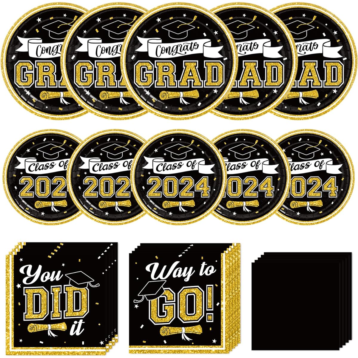 DAZONGE Graduation Decorations Class of 2024 Black and Gold Disposable 2024 Graduation Party Decorations for 50 Guests Graduation Tableware Set Plates and Napkins