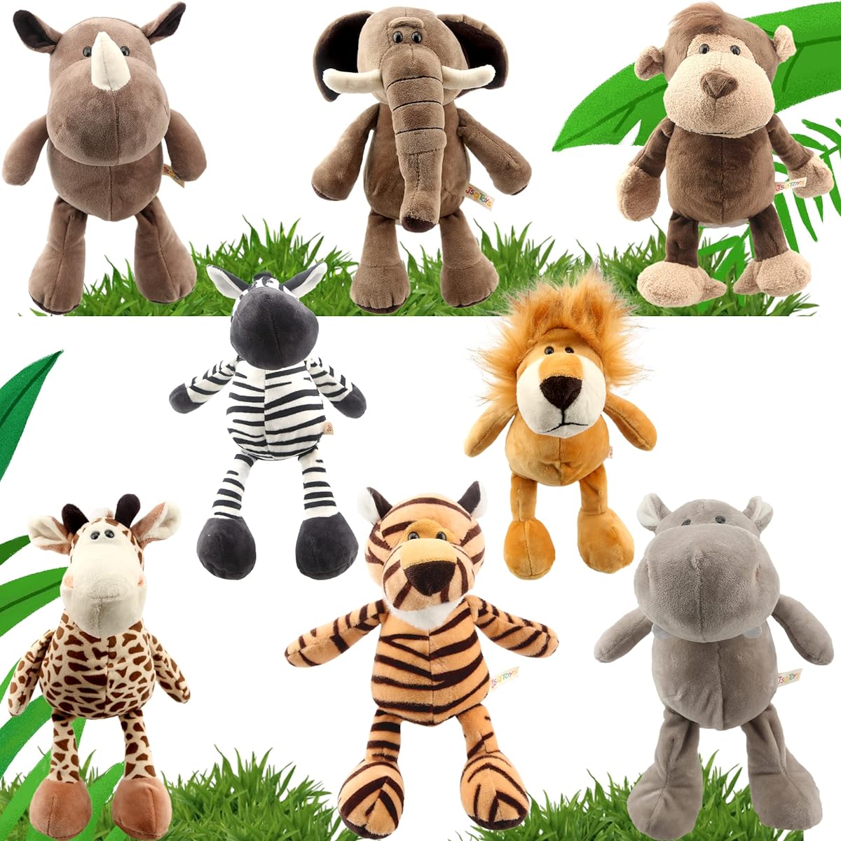 Haconba 8 Piece 11 Inch Jungle Animal Stuffed Animals Lion Elephant Zebra Giraffe Tiger Monkey Rhino Hippo Safari Plush Toy Set for Jungle Safari Zoo Theme Party