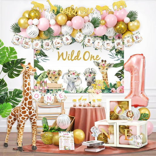 130 Pieces Wild One Birthday Decorations Girls Hombae Safari Jungle Theme 1st Birthday Party Background Balloon Garland Leaves Monthly Photo Highchair Banner Box Cutout Crown Cake Cupcake Topper Pink Gold