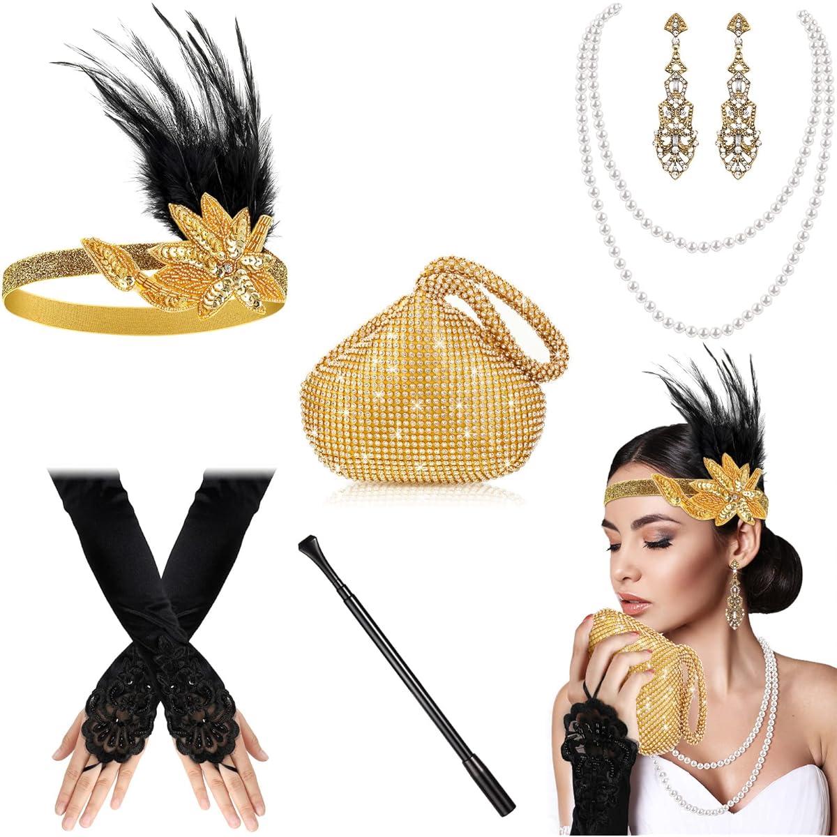 1920s Accessories Headband Necklace Gloves Earrings Long Holder Sparkly Glitter Purse Flapper Women Costume Accessories Set (Charming Style) Black