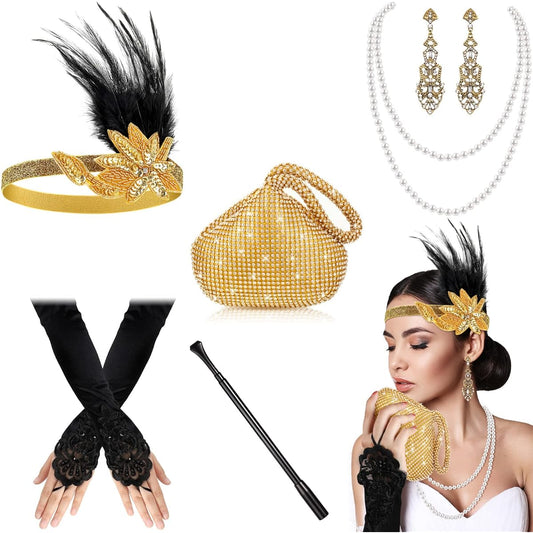 1920s Accessories Headband Necklace Gloves Earrings Long Holder Sparkly Glitter Purse Flapper Women Costume Accessories Set (Charming Style) Black