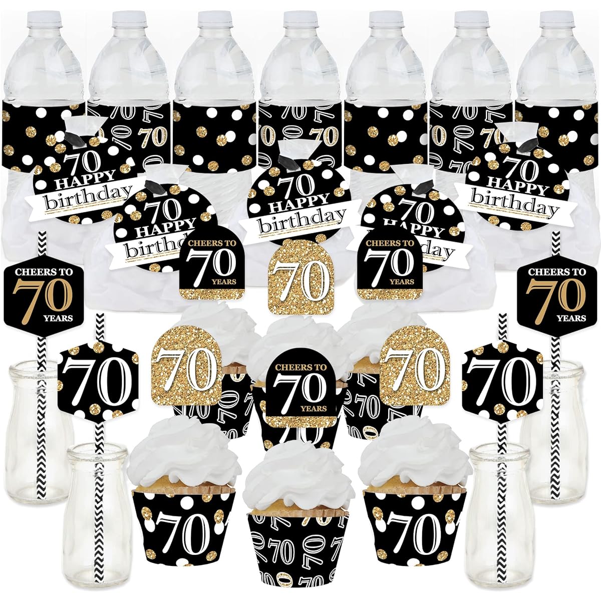 Big Dot of Happiness Adult 70th Birthday - Gold - Birthday Party Favors and Cupcake Kit - Amazing Favors Party Pack - 100 Pieces