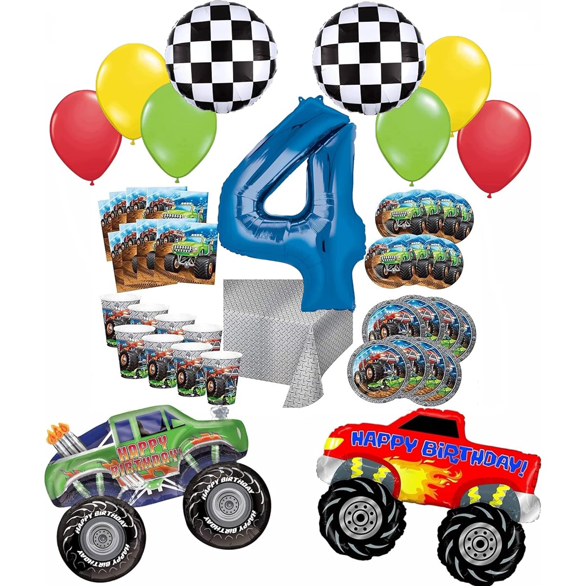 Mayflower Monster Truck Rally 4th Birthday Party Supplies 16 Guest Decoration Kit with Green and Red Monster Truck Balloon Bouquet